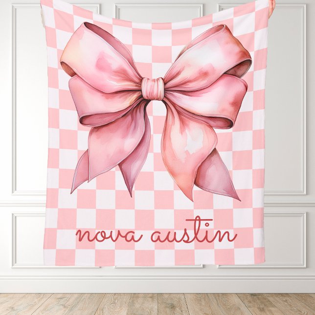 Trendy Pink Bow Personalised With Name Monogram Fleece Blanket (Creator Uploaded)
