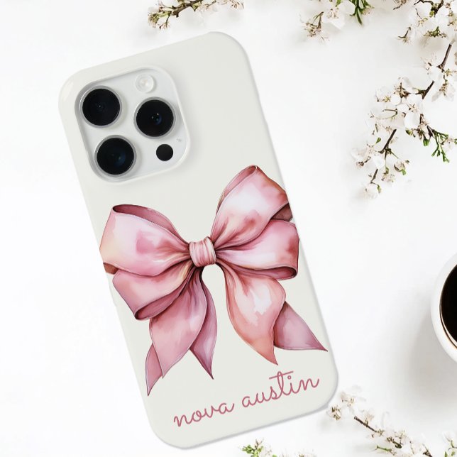 Trendy Pink Bow Personalised With Name Monogram iPhone Case (Creator Uploaded)