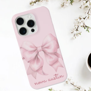 Trendy Pink Bow Personalised With Name Monogram iPhone 15 Pro Case
