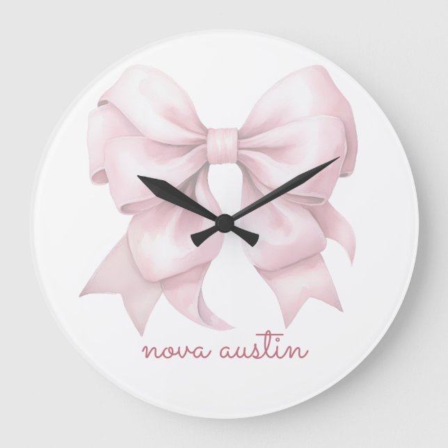 Trendy Pink Bow Personalised With Name Monogram Large Clock (Front)