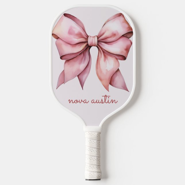Trendy Pink Bow Personalised With Name Monogram Pickleball Paddle (Front)