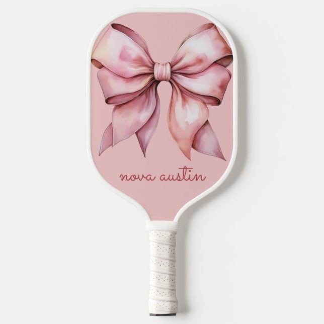 Trendy Pink Bow Personalised With Name Monogram Pickleball Paddle (Front)