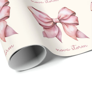 Trendy Pink Bow Personalised With Name Monogram Wrapping Paper