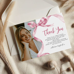 Trendy Pink Bow Photo Graduation Thank You Card