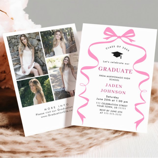Trendy Pink Bow Ribbon 4 PHOTO Graduation Party Invitation (Creator Uploaded)