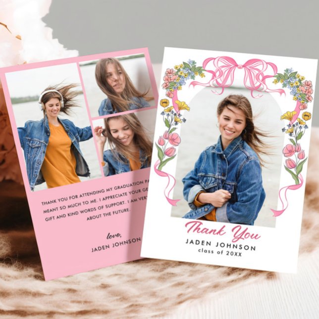 Trendy Pink Bow Ribbon 4 PHOTO Graduation Party Thank You Card (Creator Uploaded)