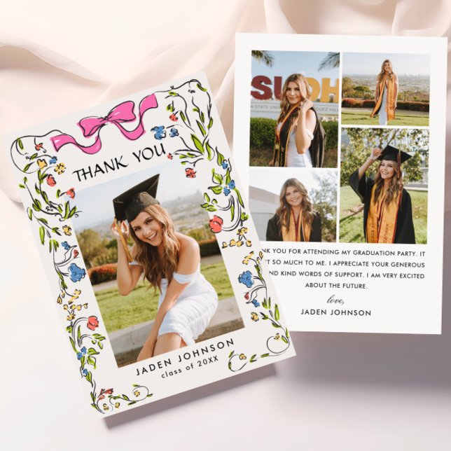 Trendy Pink Bow Ribbon 5 PHOTO Graduation Party Thank You Card (Creator Uploaded)