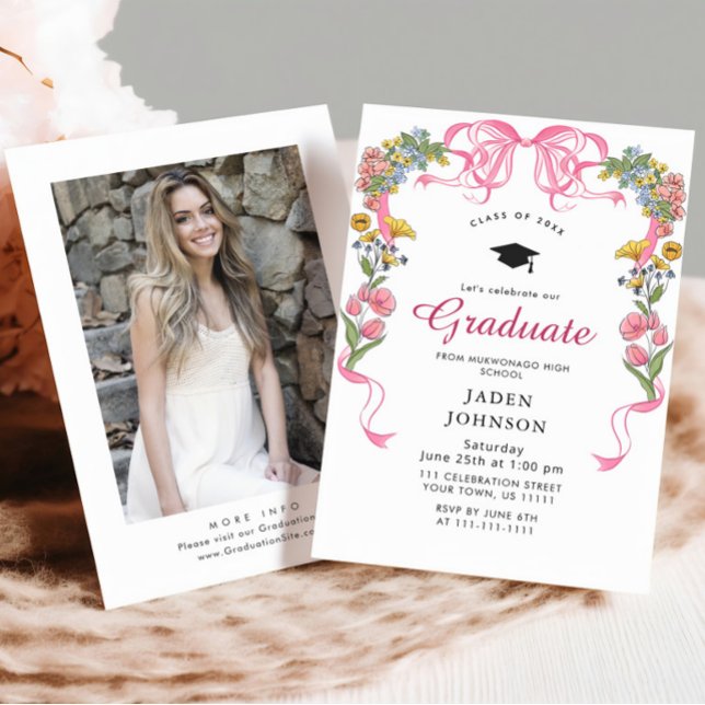 Trendy Pink Bow Ribbon PHOTO Graduation Party Invitation (Creator Uploaded)