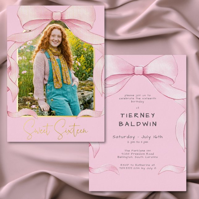 Trendy Pink Bow Sweet Sixteen Photo Birthday Party (Trendy Pink Bow Sweet Sixteen Photo Birthday Party Foil Invitation)