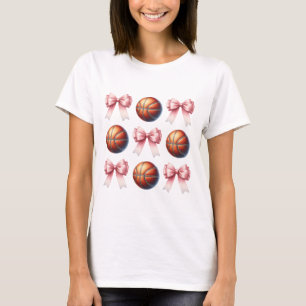 Trendy Pink Bows and Basketball Balls Design T-Shirt