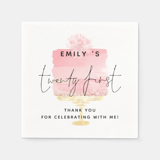 Trendy Pink Cake Name 21st Birthday Thank You Napkin (Front)