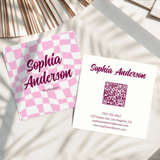 Trendy Pink Checkerboard with QR Code Square Business Card