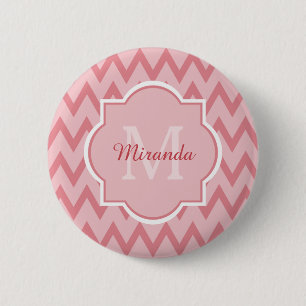 Trendy Pink Chevron Zigzag Name and Monogram 6 Cm Round Badge