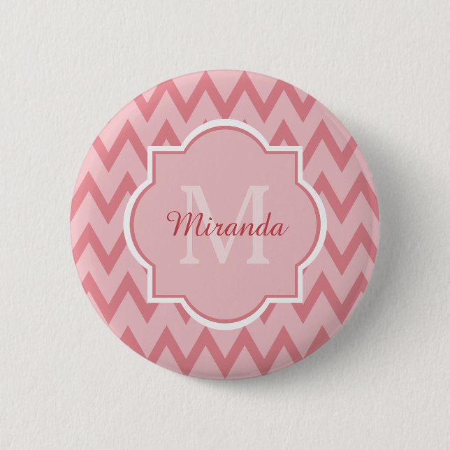 Trendy Pink Chevron Zigzag Name and Monogram 6 Cm Round Badge (Front)