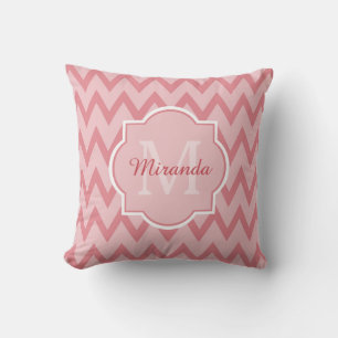 Trendy Pink Chevron Zigzag Name and Monogram Cushion