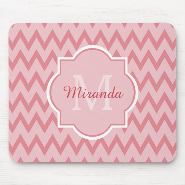 Trendy Pink Chevron Zigzag Name and Monogram Mouse Pad (Front)