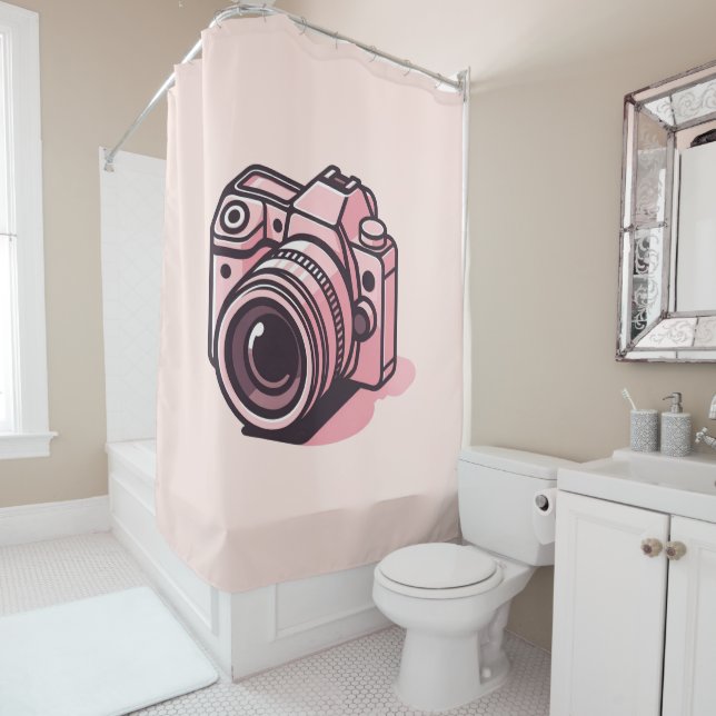 Trendy Pink DSLR Camera Photography Personalised Shower Curtain (In Situ)