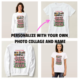 Trendy Pink Floral 10 Photo Collage and Name T-Shirt