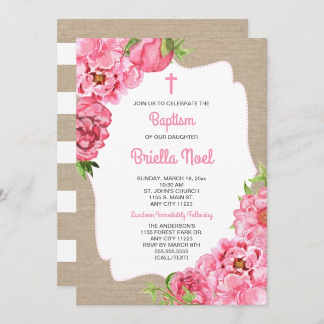 Trendy Pink Floral + canvas Baptism invite (Front/Back)
