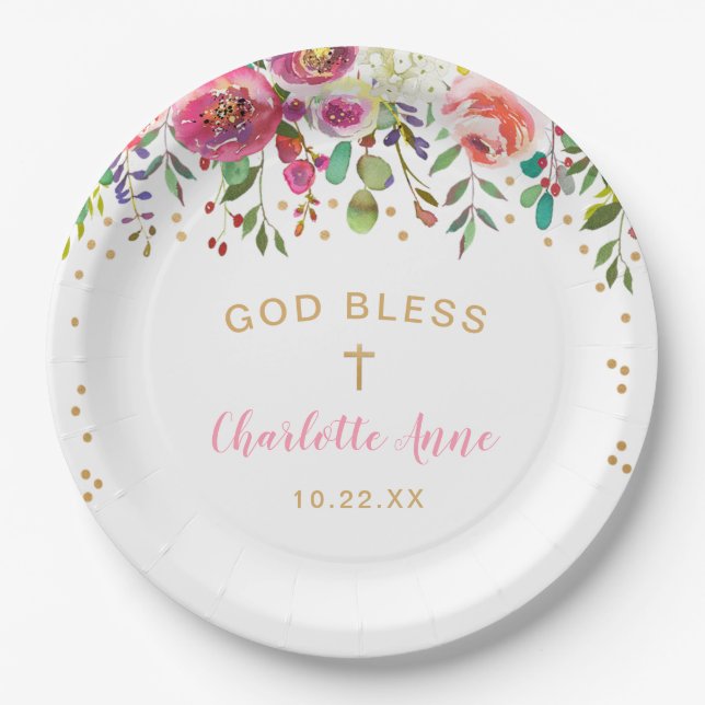 Trendy pink floral girl baptism celebration decor paper plate (Front)