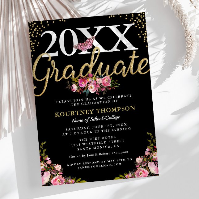 Trendy Pink Floral Gold Glitter Graduation Party Invitation (Creator Uploaded)