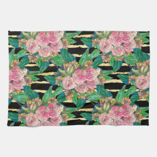 Trendy Pink Floral Paint Gold Stripes Black Design Tea Towel
