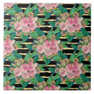 Trendy Pink Floral Paint Gold Stripes Black Design Tile