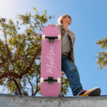 Trendy Pink Girls Name Handwritten Script Custom Skateboard<br><div class="desc">A chic personalised pink monogram skateboard for a girl who loves simple,  handwritten gifts. Beautiful white cursive script spelling out your name in elegant script.</div>