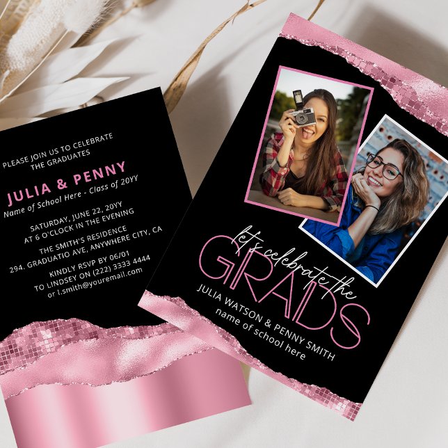 Trendy Pink Girly Joint Graduation Party Photo Invitation (Creator Uploaded)