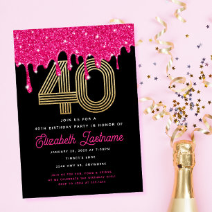 Trendy Pink Glitter Drip 40th Birthday Invitation 