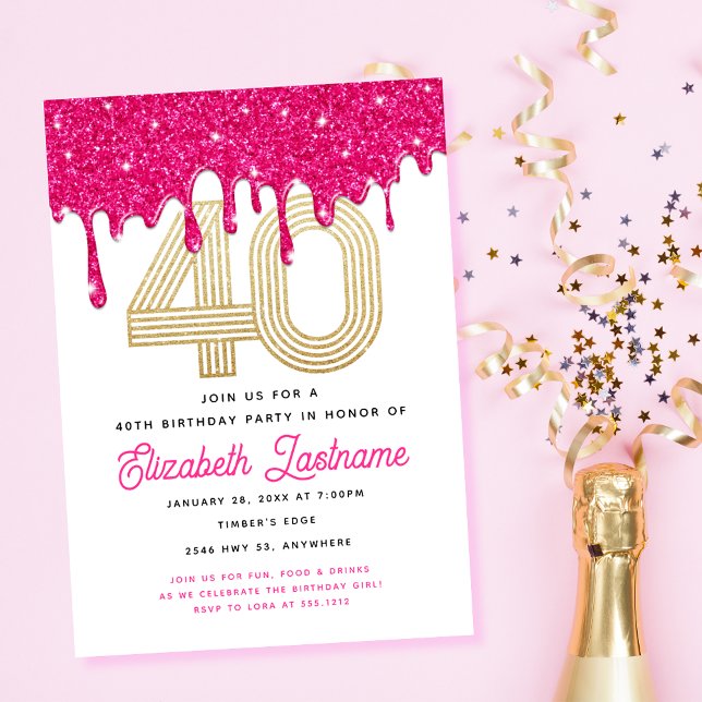 Trendy Pink Glitter Drip 40th Birthday Invitation  (Creator Uploaded)