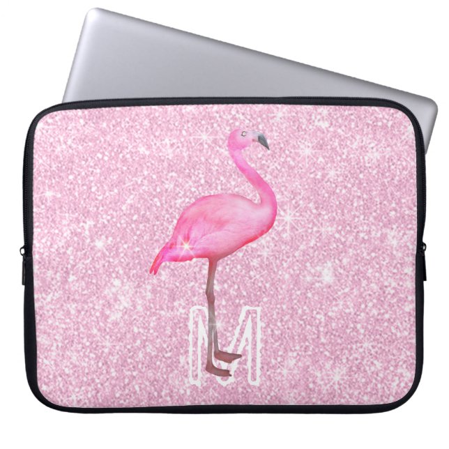 Trendy Pink Glitter Watercolor Flamingo Tropical Laptop Sleeve (Front)