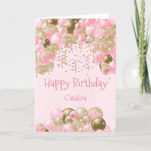 Trendy Pink Gold Balloons Birthday Card
