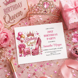 Trendy Pink Gold Confetti Birthday Queen Invitatio Invitation