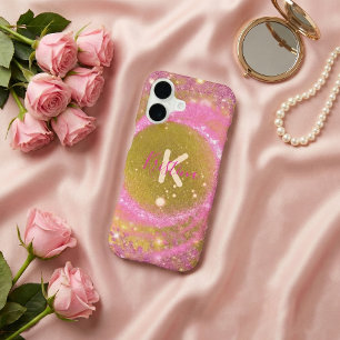 Trendy Pink Gold Faux Glitter Sparkle Monogram