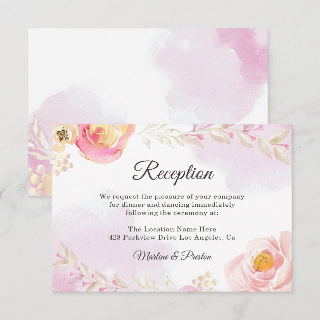 Trendy Pink & Gold Floral Garden Wedding Reception Invitation (Front/Back)