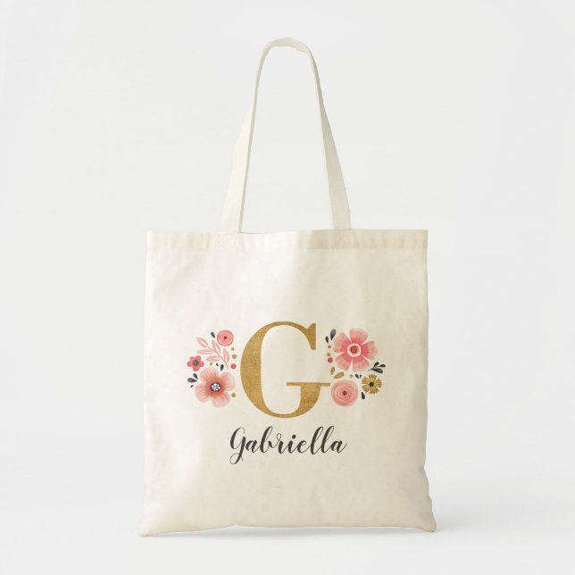 Trendy Pink Gold Floral Monogram Name Initial Tote Bag (Front)