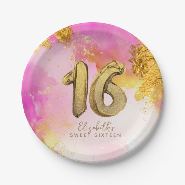 Trendy Pink Gold Sweet 16 Birthday Paper Plates (Front)
