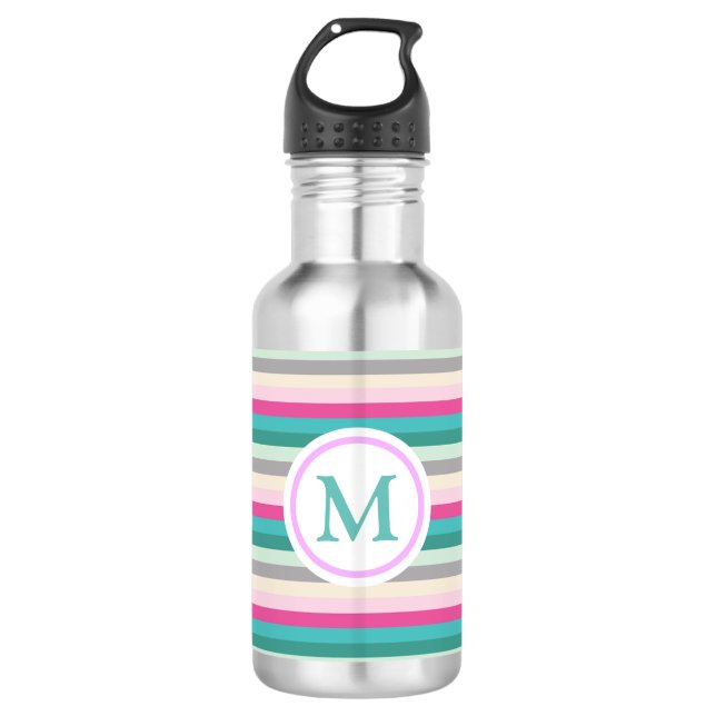 Trendy Pink Grey and Teal Striped Monogram 532 Ml Water Bottle (Front)