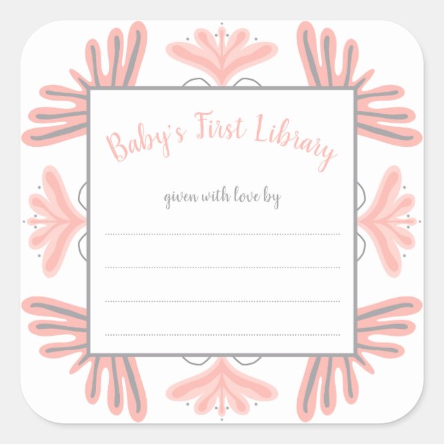 Trendy Pink Grey girl baby shower bookplate label (Front)