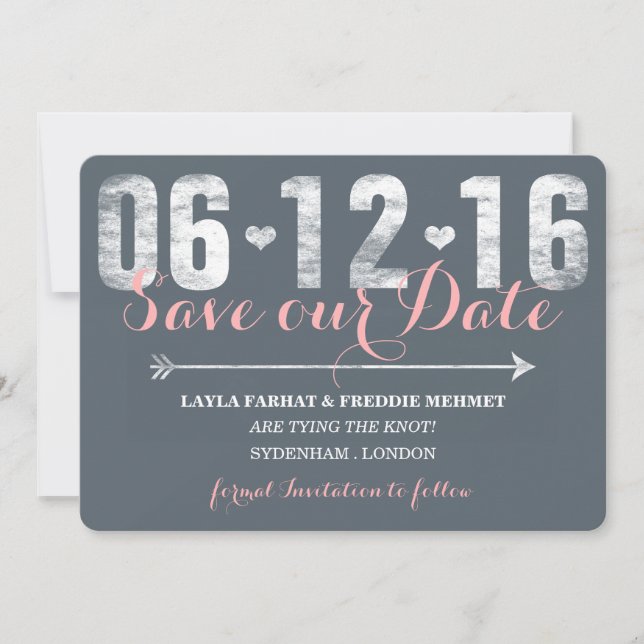 Trendy Pink & Grey Save The Date (Front)