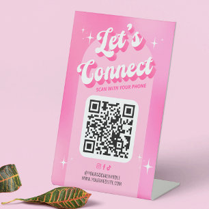 Trendy Pink Groovy Let's Connect Scannable QR Code Pedestal Sign