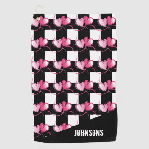 Trendy Pink Heart And Black Plaid Monogram Golf Towel