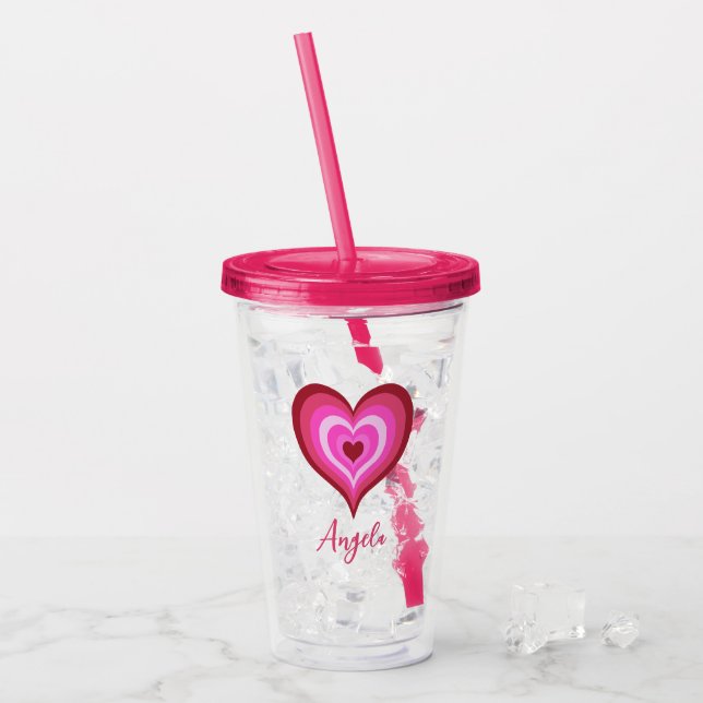 Trendy Pink Heart Custom Name Valentine's Day Acrylic Tumbler (Front Ice)