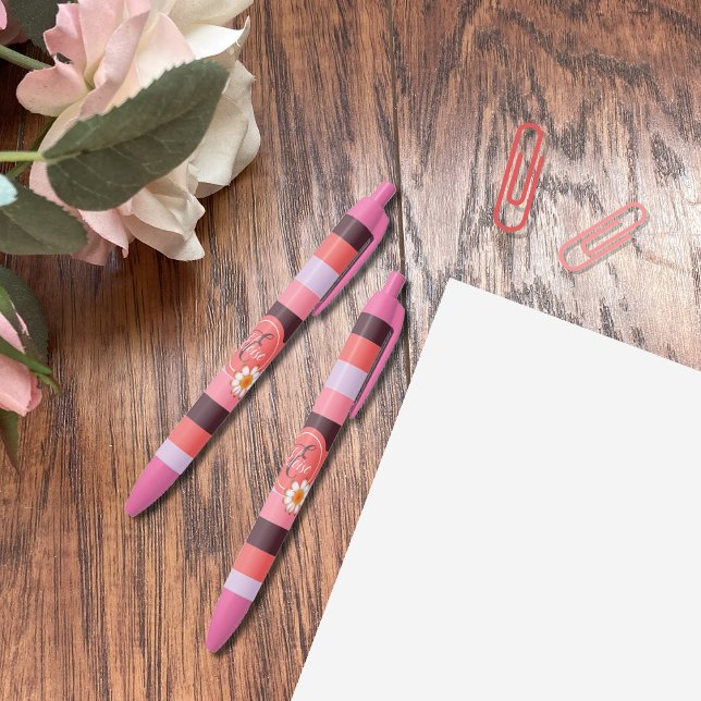 Trendy Pink Hues Stripes with Daisy Monogram Pen (Creator Uploaded)