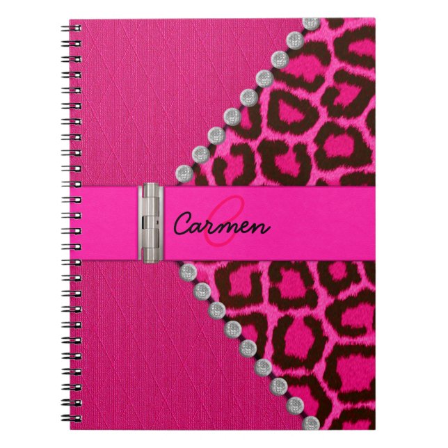 Trendy Pink Leopard and Hinge Monogram Spiral Notebook (Front)