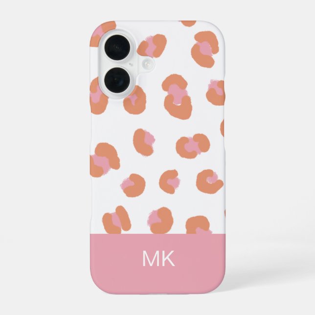 Trendy Pink Leopard Monogram Initial iPhone 16 Case (Back)