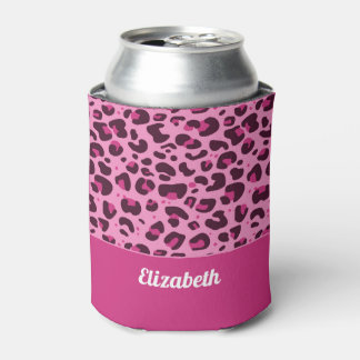 Trendy pink leopard spot pattern with name can cooler