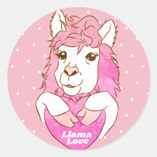Trendy Pink Llama & Polka Dots Classic Round Sticker