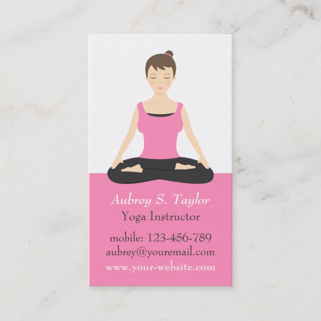 Trendy Pink Mediation Female Yoga Trainer Business Card (Front)